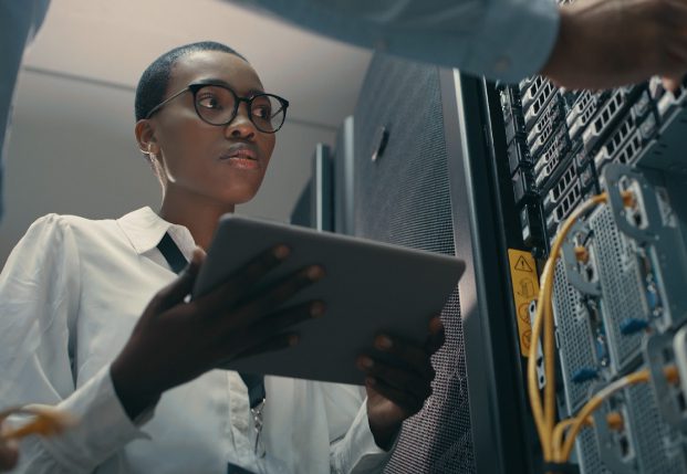 Technology expert with laptop working with team member on a server. Technology expert with laptop working with team member on a server.